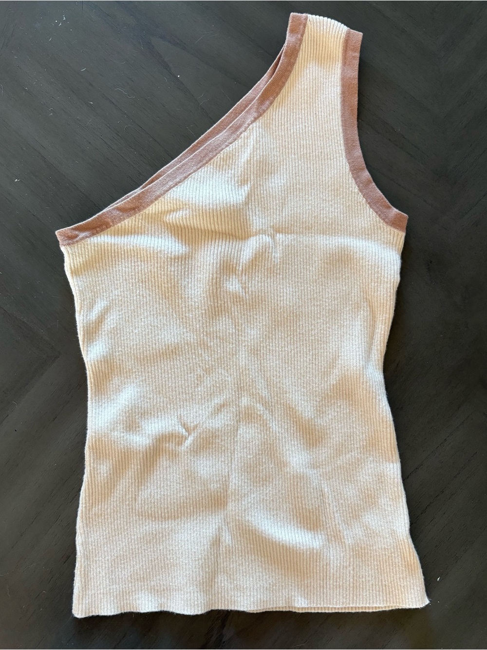 Asymmetric One-Shoulder Ribbed Tank Dress in Cream with Pink Trim